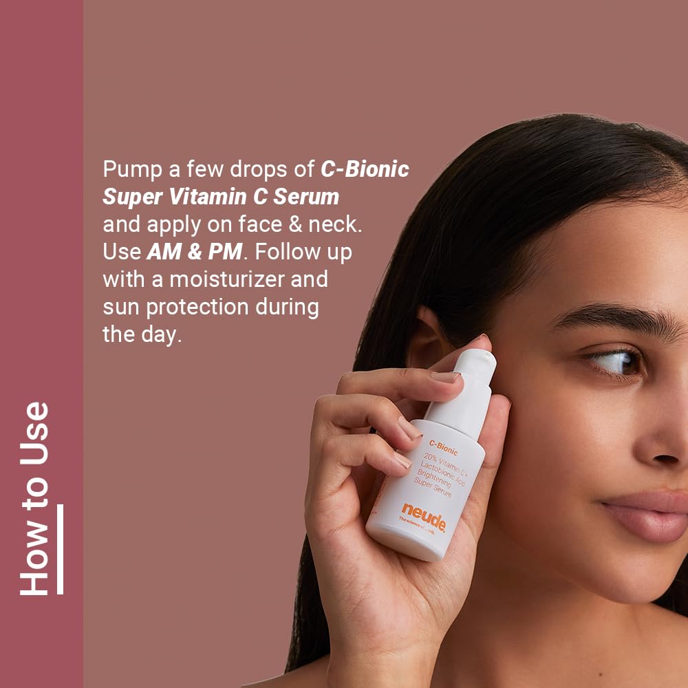 Neude C-Bionic 20% Vitamin C Serum 30ml with Lactobionic Acid for Face Brightening & 24hrs Hydration with Vitamin E Red Algae Gel Kakadu Plum Glutathione for All Skin Types & Sensitive Skin Friendly