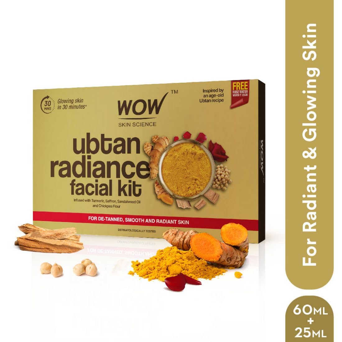 WOW Skin Science Ubtan Radiance Facial Kit for Glowing Skin|Helps Remove Tan and Gives Radiant Skin | 6 Easy Steps | Suitable for All Skin Types | Free Rose Water | Pack of 7