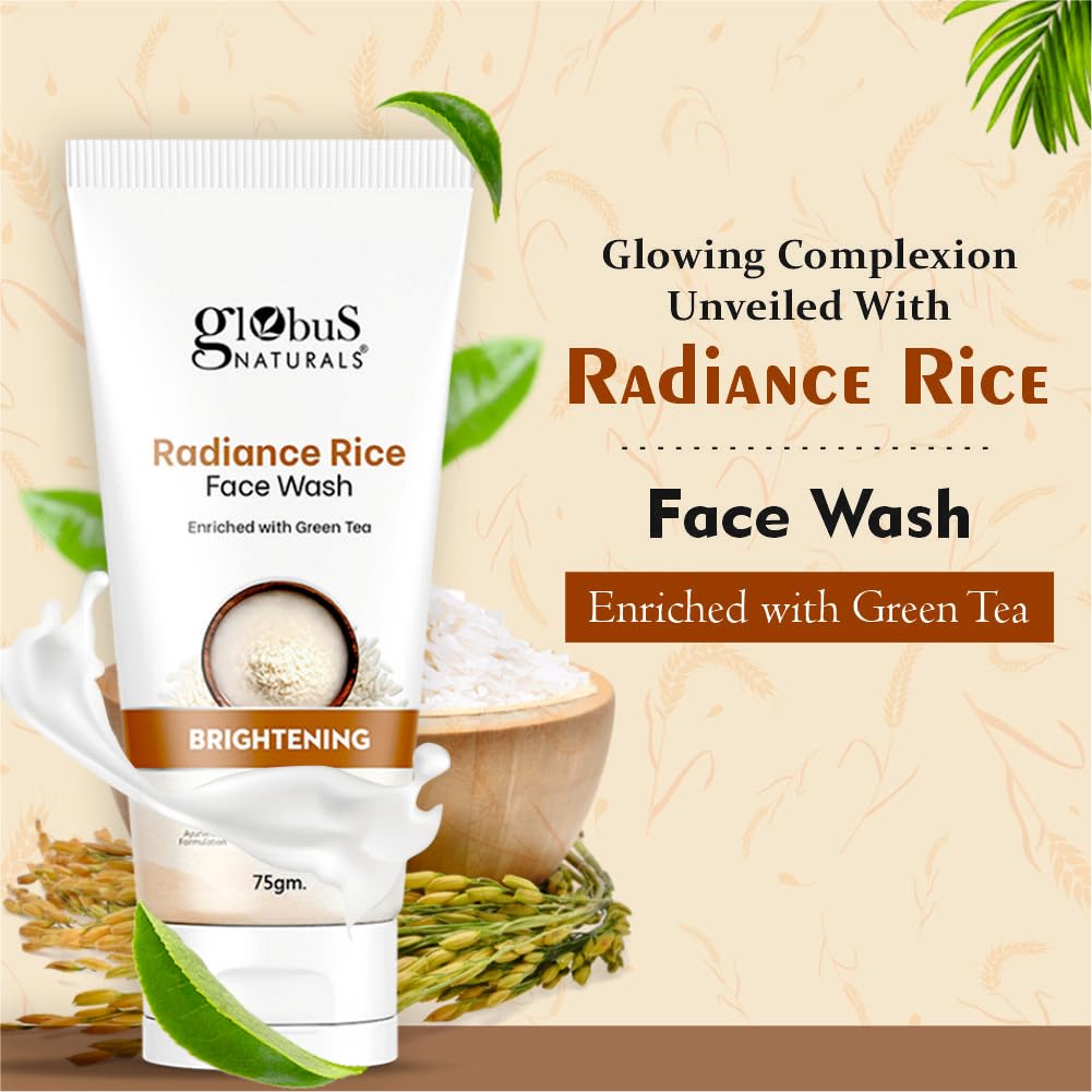 Globus Naturals Radiance Rice Face Wash, Enriched With Green Tea, For Skin Brightening, Suitable For All Skin Types, 75 gm