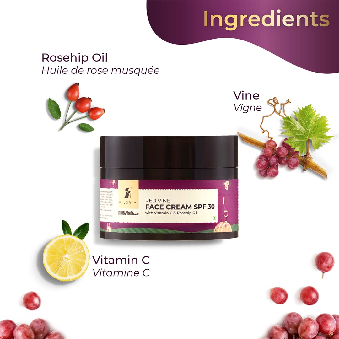 Pilgrim French Red Vine AM PM Face Care Kit, Red Vine Face Wash 100ml, Face Cream SPF 30 50gm, & Night Gel Creme 50gm, Anti-Ageing, De-Pigmentation, Skin Repair, All Skin Types, Men & Women
