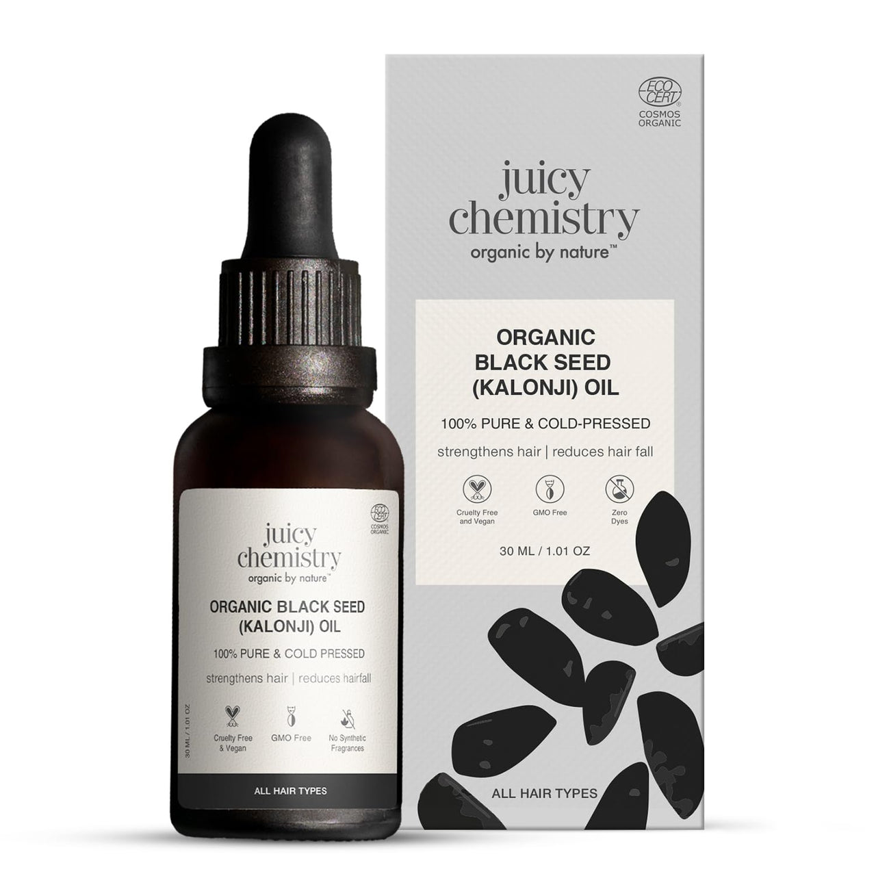 Juicy Chemistry Certified Organic Blackseed Kalonji Oil, 30 ml | 100% Pure, Cold-pressed Oil for Healthy Scalp, Dry Hair, and Hair Loss | Helps Promote Hair Growth and Healthy Hair
