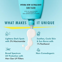 mCaffeine Hydra Dew Ultralight Sun Fluid SPF50 PA++++ UVA/UVB Blue Light Protection|Water Like Glow Texture|Lightweight, Non-Sticky, Quick Absorbing|No White Cast|All Skin Types|For Men/Women - 50ml