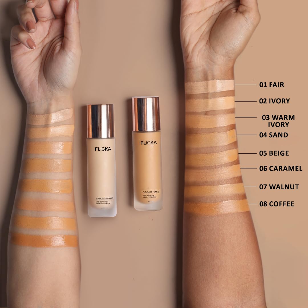 FLiCKA Flawless Femme Liquid Foundation for Face Makeup 30ml | Medium to High Coverage, Buildable | Natural, Waterproof & Moisturizing | All Skin Types | 02 Ivory