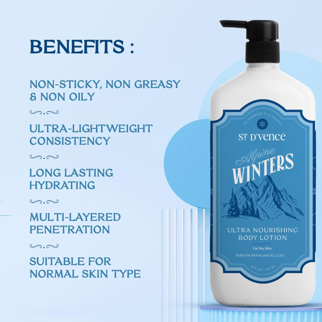 ST. D'VENCE Alpine Winter Edition Body Lotion for Dry Skin Women & Men | Tea Tree Oil, Shea Butter and Vitamin E | Moisturizer Cream Body Lotion for Summer | Deep Moisturizer Cream - 700 ml