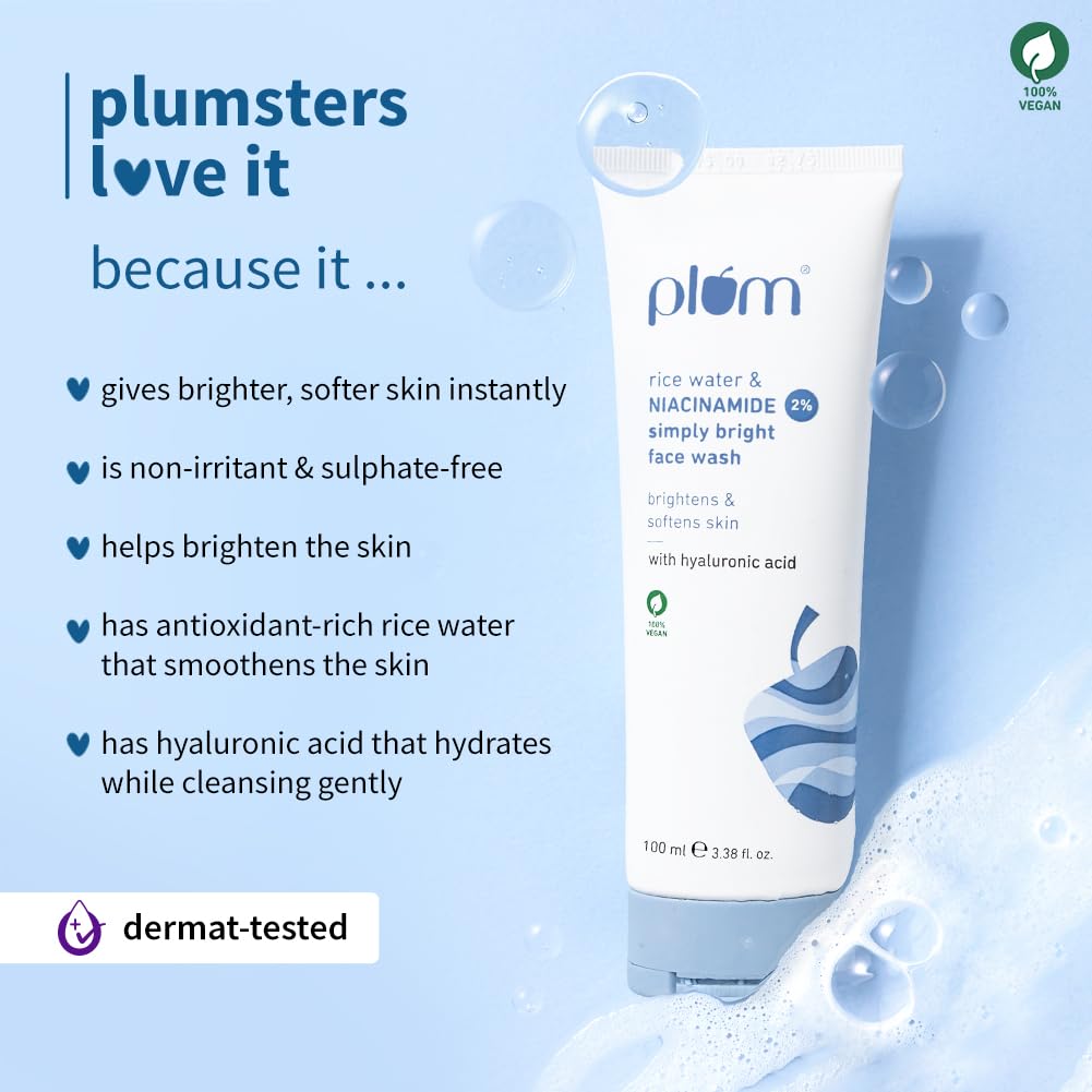 Plum 2% Niacinamide Simply Bright Face Wash With Rice Water | Brightens Skin, Helps Fade Blemishes | Softens & Smoothens Skin | Gentle & Non-Drying | Women & Men | 100% Vegan | 100 ml
