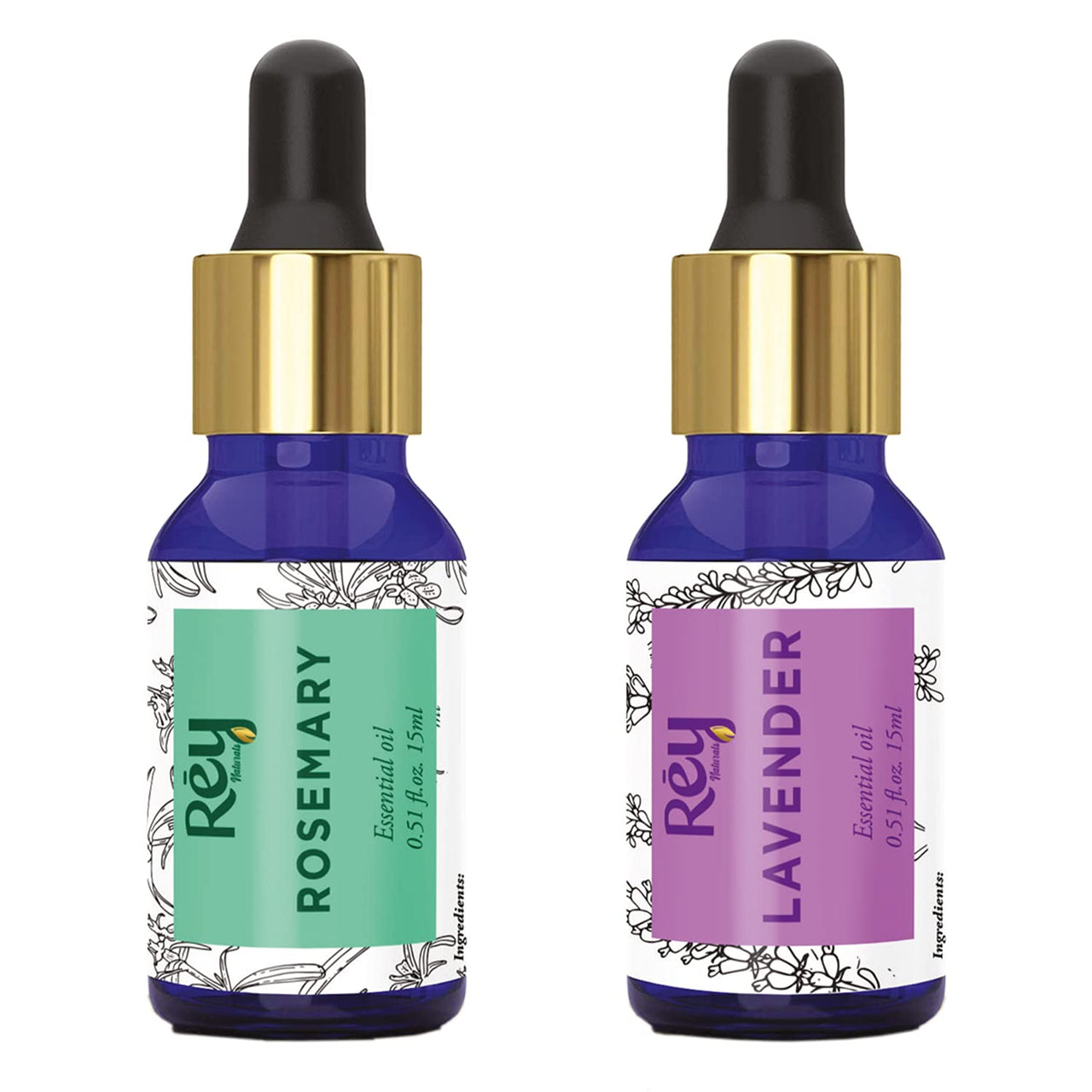 Rey Naturals Pure Lavender Essential Oil & Rosemary Oil For Hair Growth, Aromapathy, Stress & Pain Relief | Essential Oil For Hair, Face & Skin | Suitable For Diffuser | For Men And Women - 15 * 3