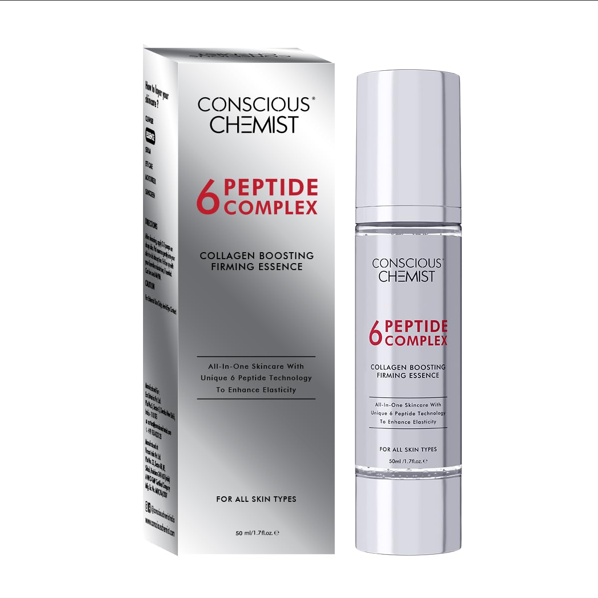 Conscious Chemist 6 Peptide Serum for Face | 50ml | Complex Collagen Boosting Firming Essence for Face, Niacinamide & Hyaluronic Face Serum, Reduce Fine Lines, Wrinkles, Face Serum for Men & Women