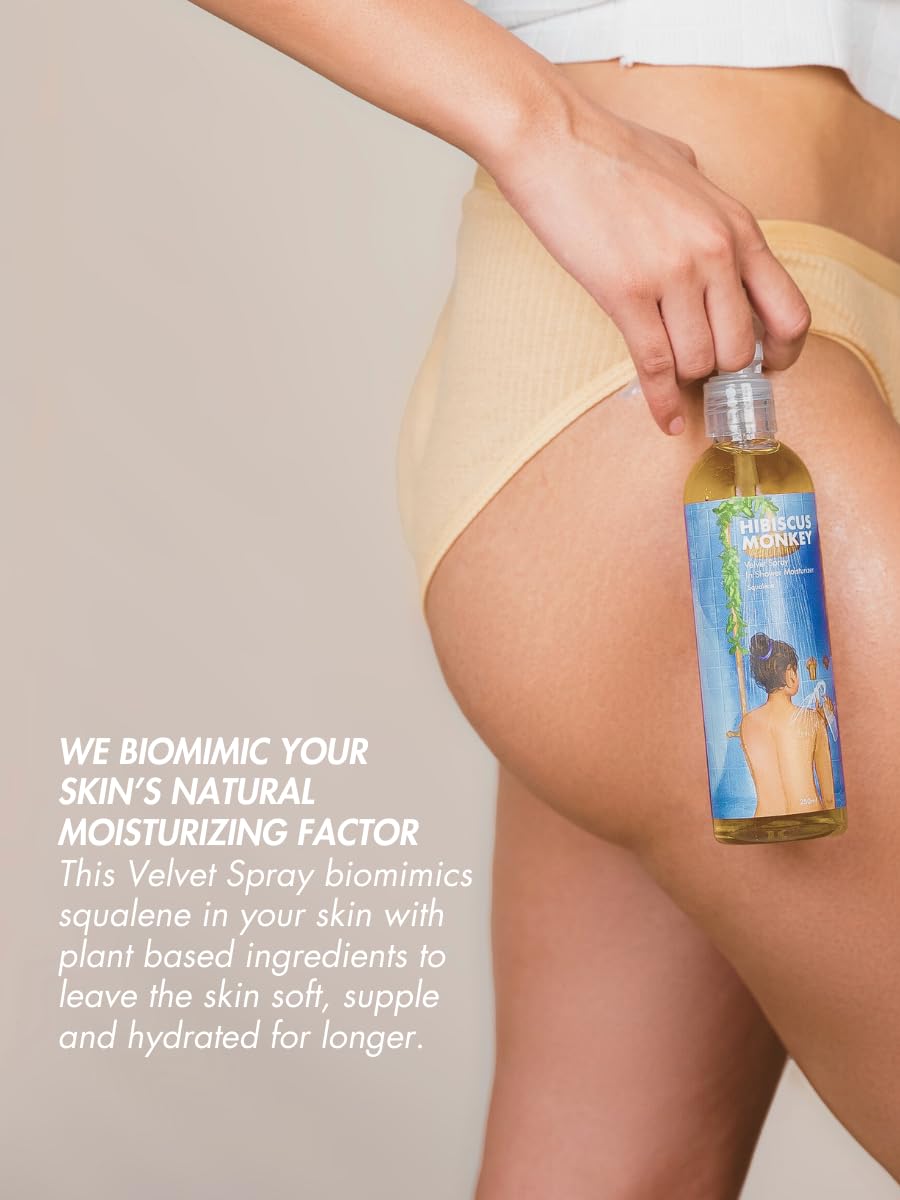 HIBISCUS MONKEY Velvet Spray Squalene In Shower Body Moisturizer | Olive Squalane, Castor Oil, Plant Salicylic (0.3%) | Intensive Moisturization For Dry Skin, Bumpy Skin| 250 Ml