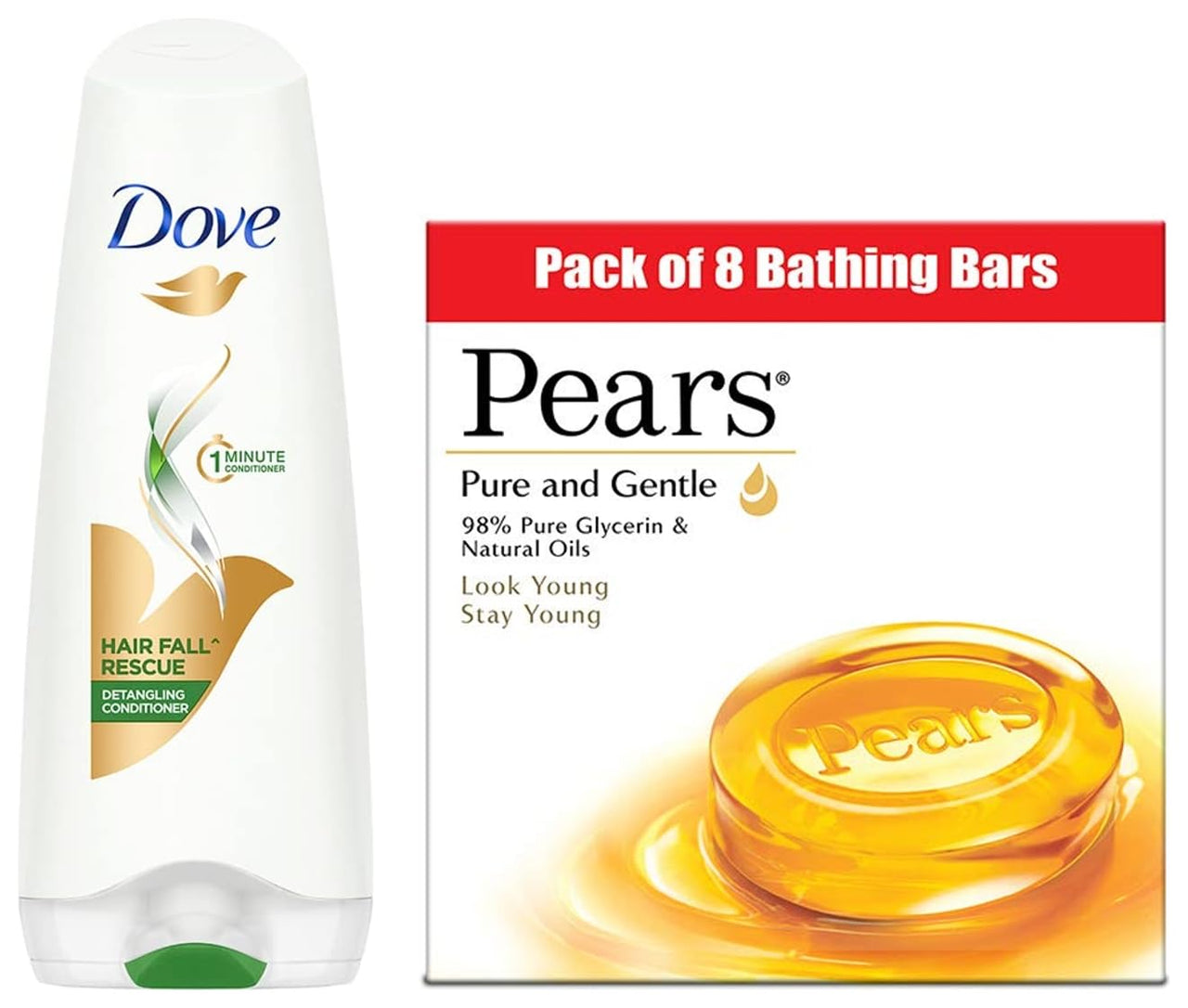 PEARS Pure And Gentle Bathing Bar, 125G & Dove Hair Fall Rescue Unscented Frizzy Conditioner, 180Ml,9 Count