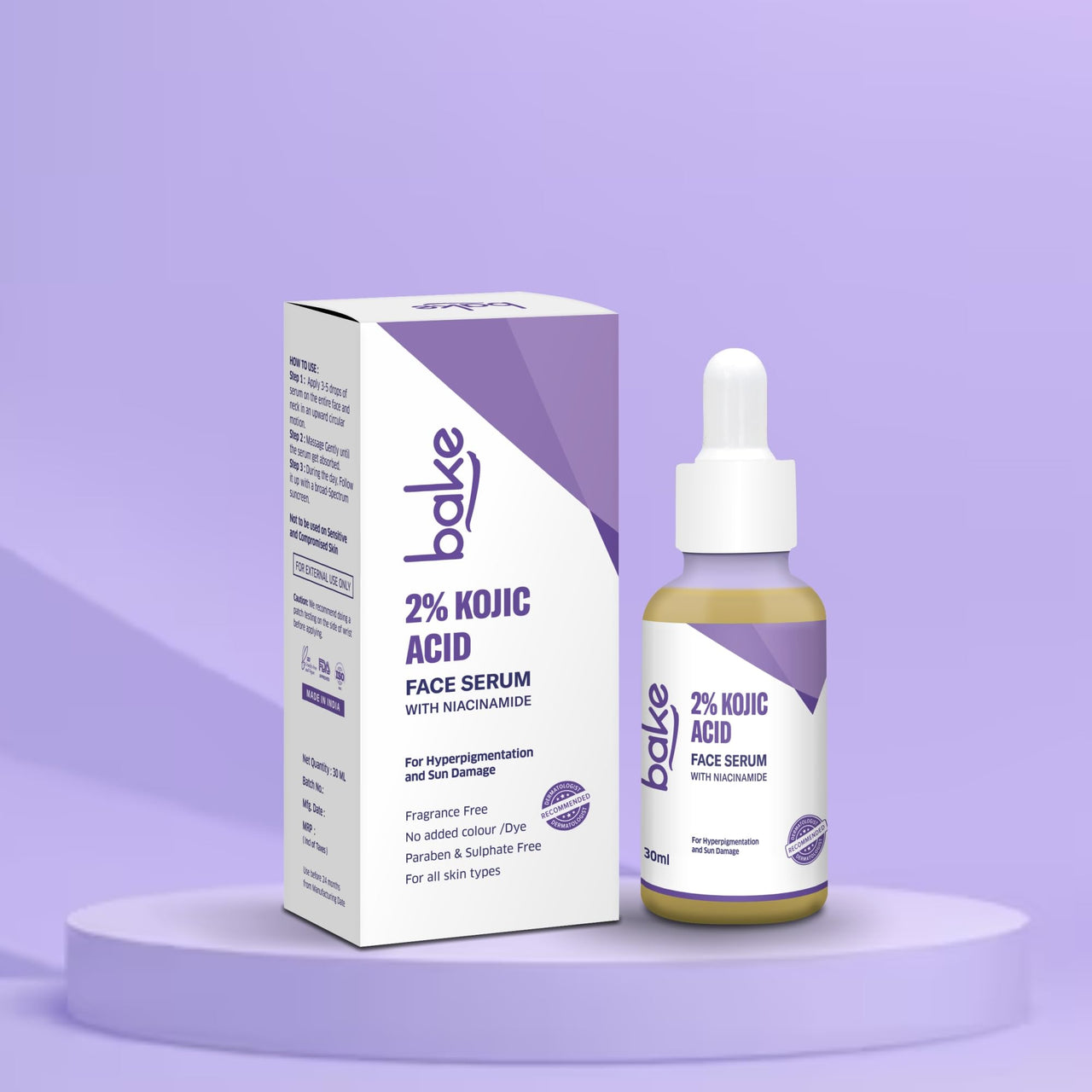 BAKE 2% Kojic Acid Face Serum with 5% Niacinamide & 2% Glycolic Acid for Pigmentation & Dark Spots | For Dark Circles, Tan Removal & Sun Damaged Skin | Skin Brightening & Glowing | 30ml