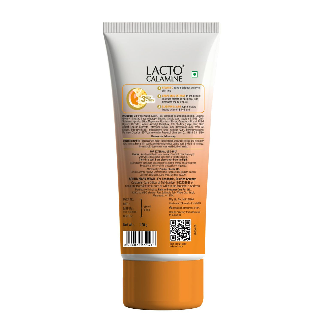 Lacto Calamine 3-in-1 Vitamin C Face Scrub-Mask-Wash for Skin Brightening Effect | 100ml x 1 | Multi-action Vitamin C Face Wash, Face Scrub, Face Mask with Kaolin Clay, Grape Seed Extract & Aloe Vera