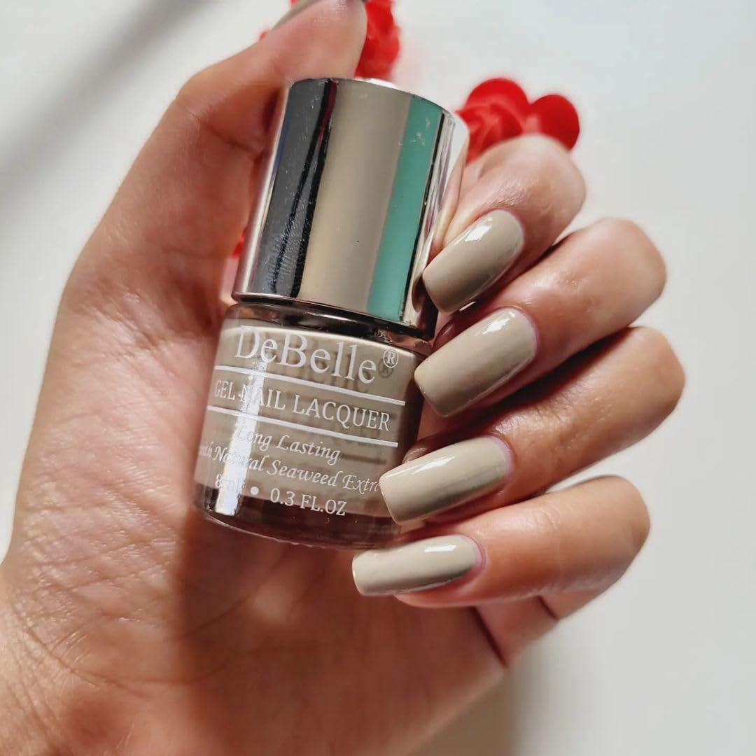 DeBelle Gel Nail Polish Moonstone Bloom (Grey Taupe Nail Paint)|Non UV - Gel Finish |Chip Resistant | Seaweed Enriched Formula| Long Lasting|Cruelty and Toxic Free| 8ml Glossy Finish