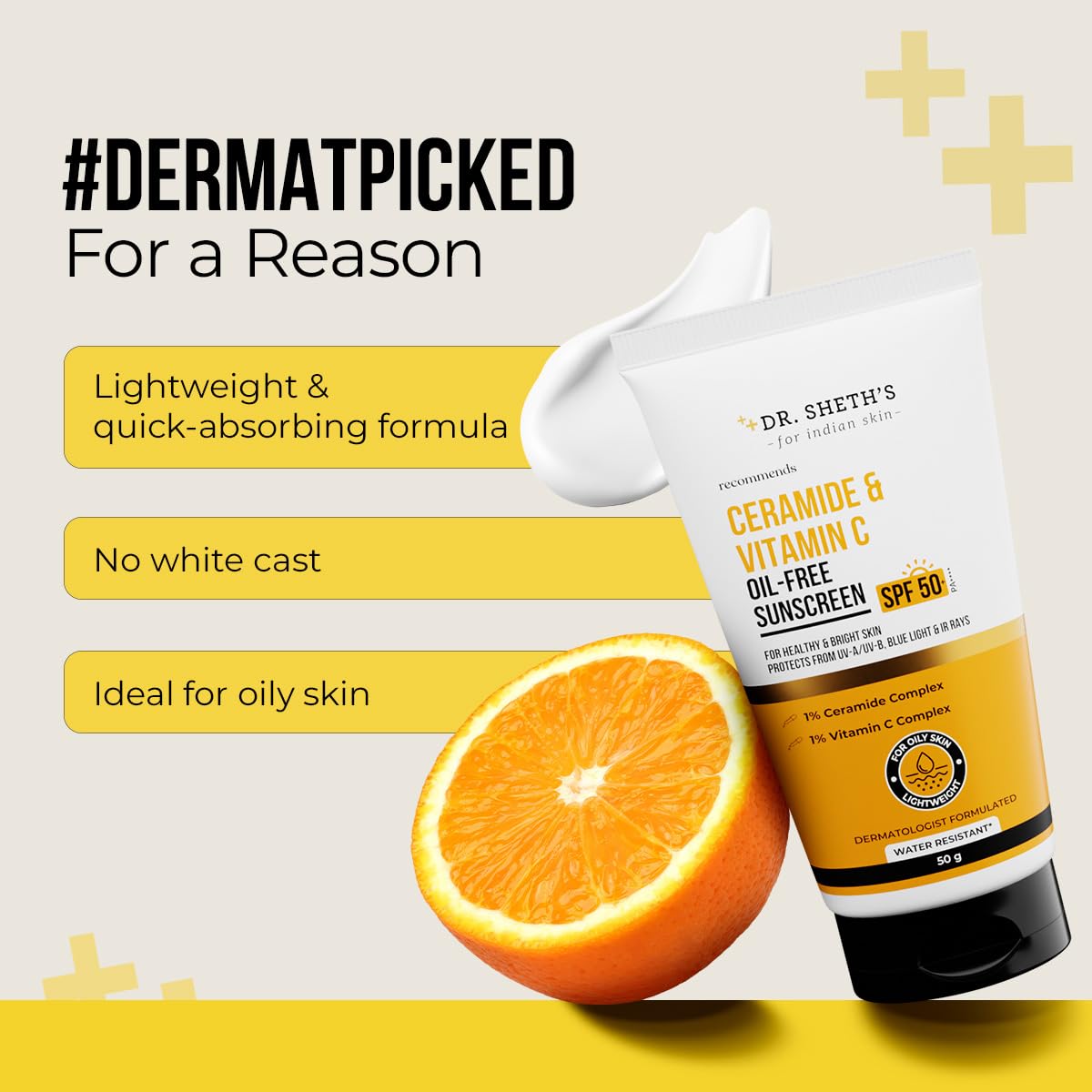 Dr. Sheth's Ceramide & Vitamin C Oil-Free Sunscreen SPF 50+ PA++++ | Clinically Tested- (In -Vivo) | For Healthy & Bright Skin | Lightweight & Non Greasy | For UVA/UVB & Blue Light & IR Protection | No white cast | For Oily Skin | For Men & Women | 50 g