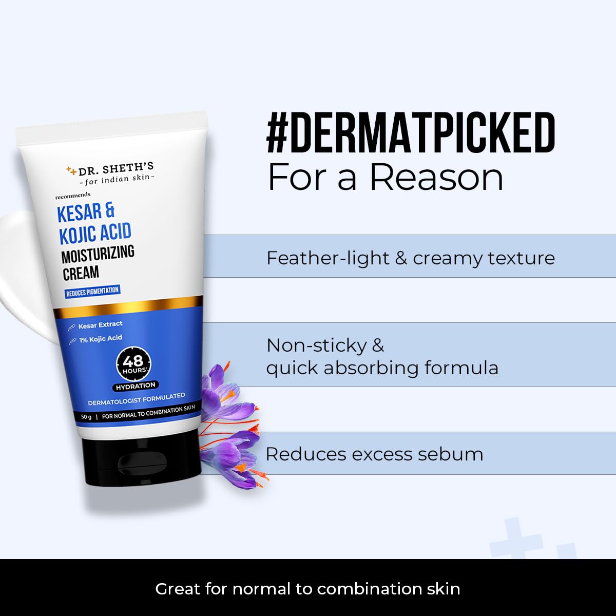 Dr. Sheth's Kesar & Kojic Acid Moisturizing Cream | For Normal to Combination Skin | Reduces Pigmentation | 48hr Deep Hydration | Non Sticky | Formulated with NMFs | For Men & Women |50g