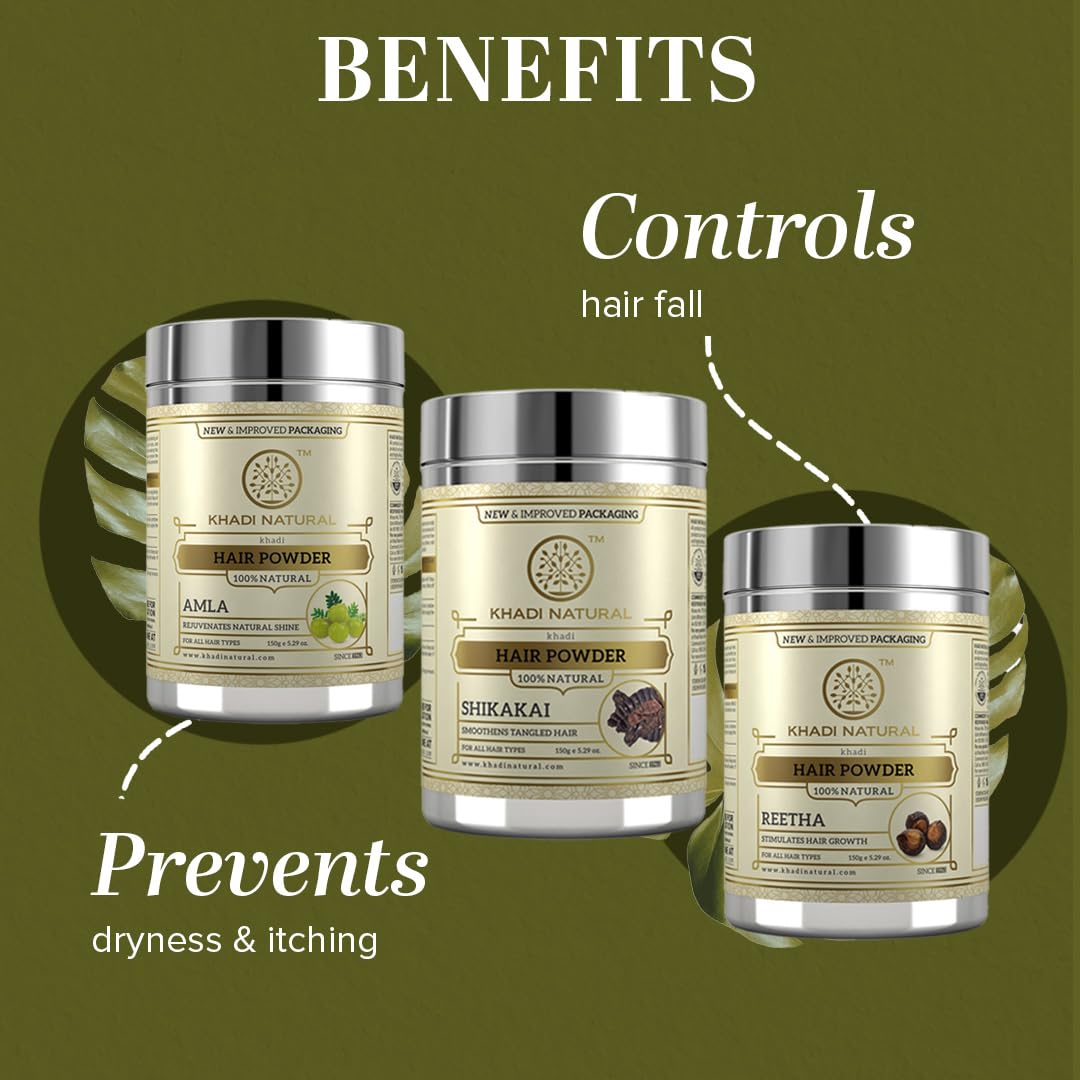 Khadi Natural Hair Care Combo | Amla, Reetha & Shikakai Powders | Pure & Natural Solution | Provides Strong, Beautiful Hair - 1 Count Each(1x3), Normal