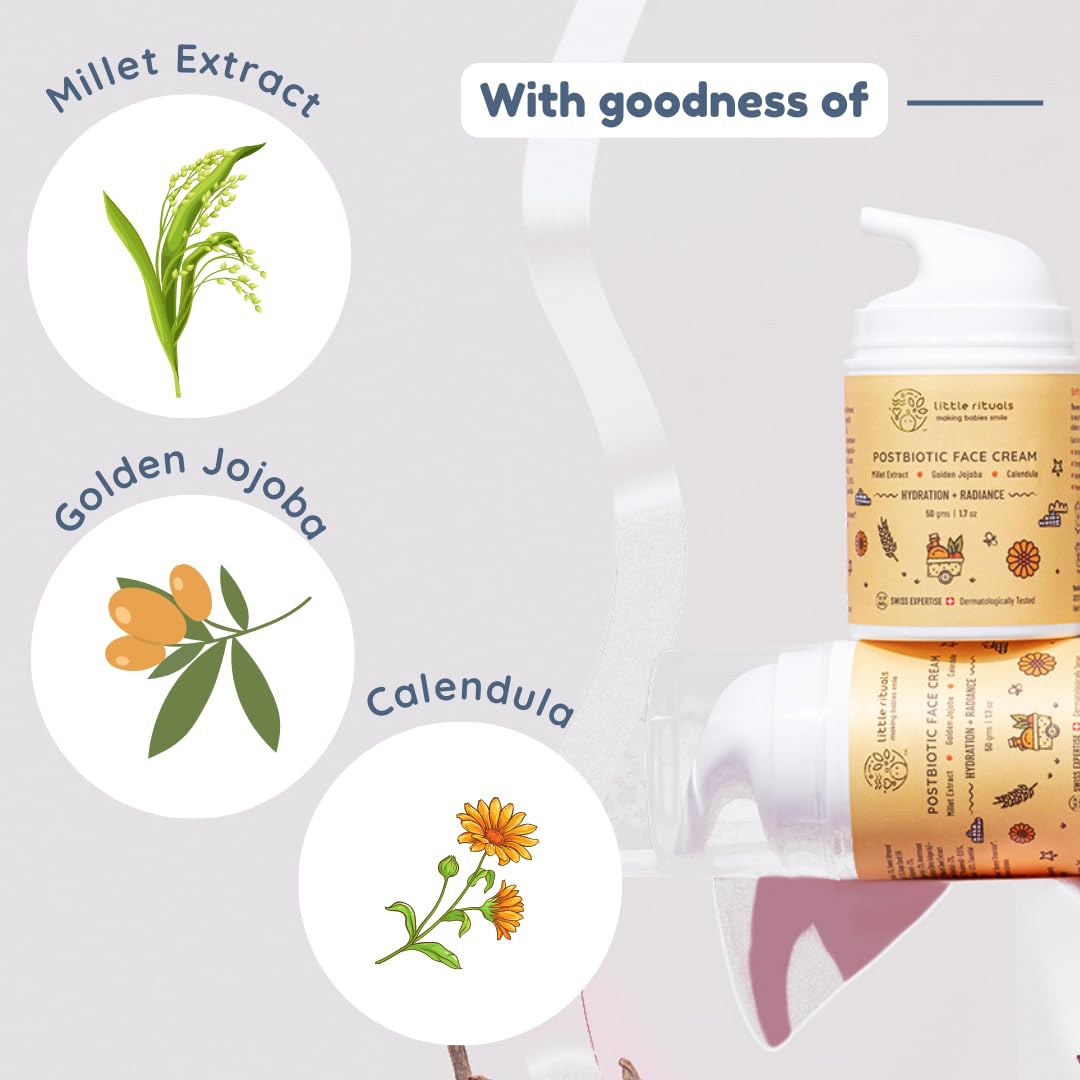 Little Rituals Baby and Kids Post-Biotic Face Cream Moisturiser - Hydration + Radiance, Formulated with Golden Millets, Jojoba, Calendula, Natural, Organic, Dermat tested, SWISS Technology (50 gram)
