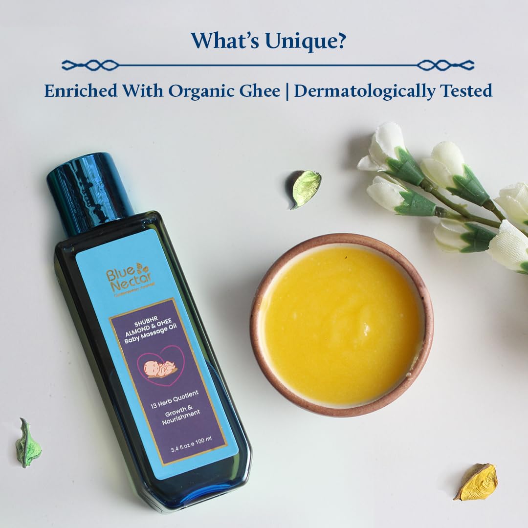 Blue Nectar Ayurvedic Baby Oil with Organic Ghee, 100% Natural Baby Massage Oil With Coconut Oil & Olive Oil | Dermatogically Tested (100ml)