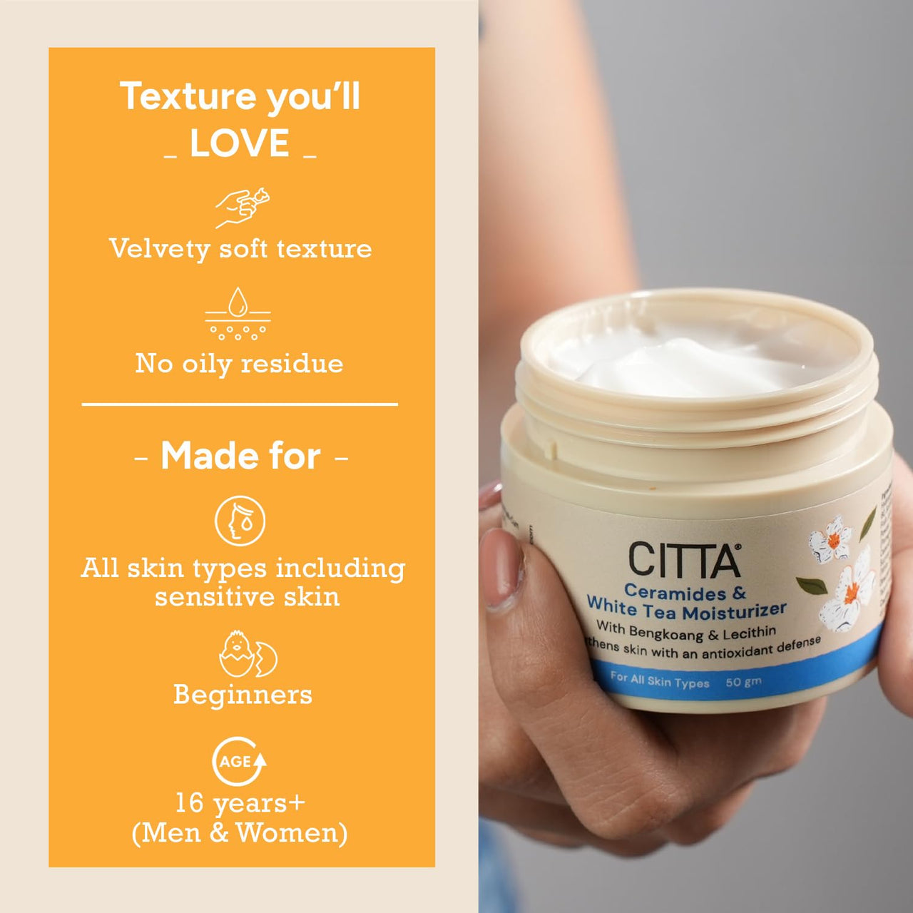 CITTA Ceramides & White Tea Moisturizer for Men & Women | Hydrating Face Moisturizer with Niacinamide for Dry Skin | Daily Use for All Skin Types | Power Blend of Ceramides & White Tea | 50 gm