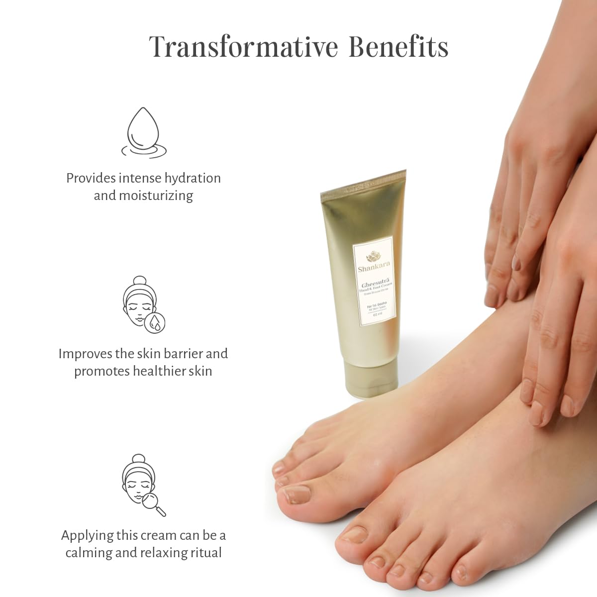 SHANKARA Gheesutra Hand and Foot Cream Enriched with Washed Ghee, Moringa, and Bamboo Extracts For Intensive Hydration, Moisturizing, and Skin Barrier Improvement - 60ml