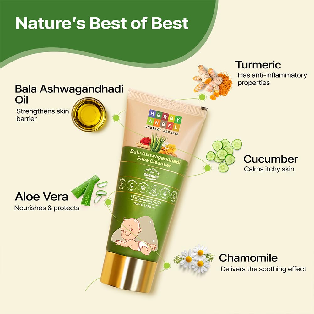 Herby Angel Face Cleanser for Babies & Kids | Dermatologically Tested, Organic Face Wash | With Rose Water, Turmeric & Aloe Vera | All Skin Types | Baby Skincare | Safe for Newborns (50ml)