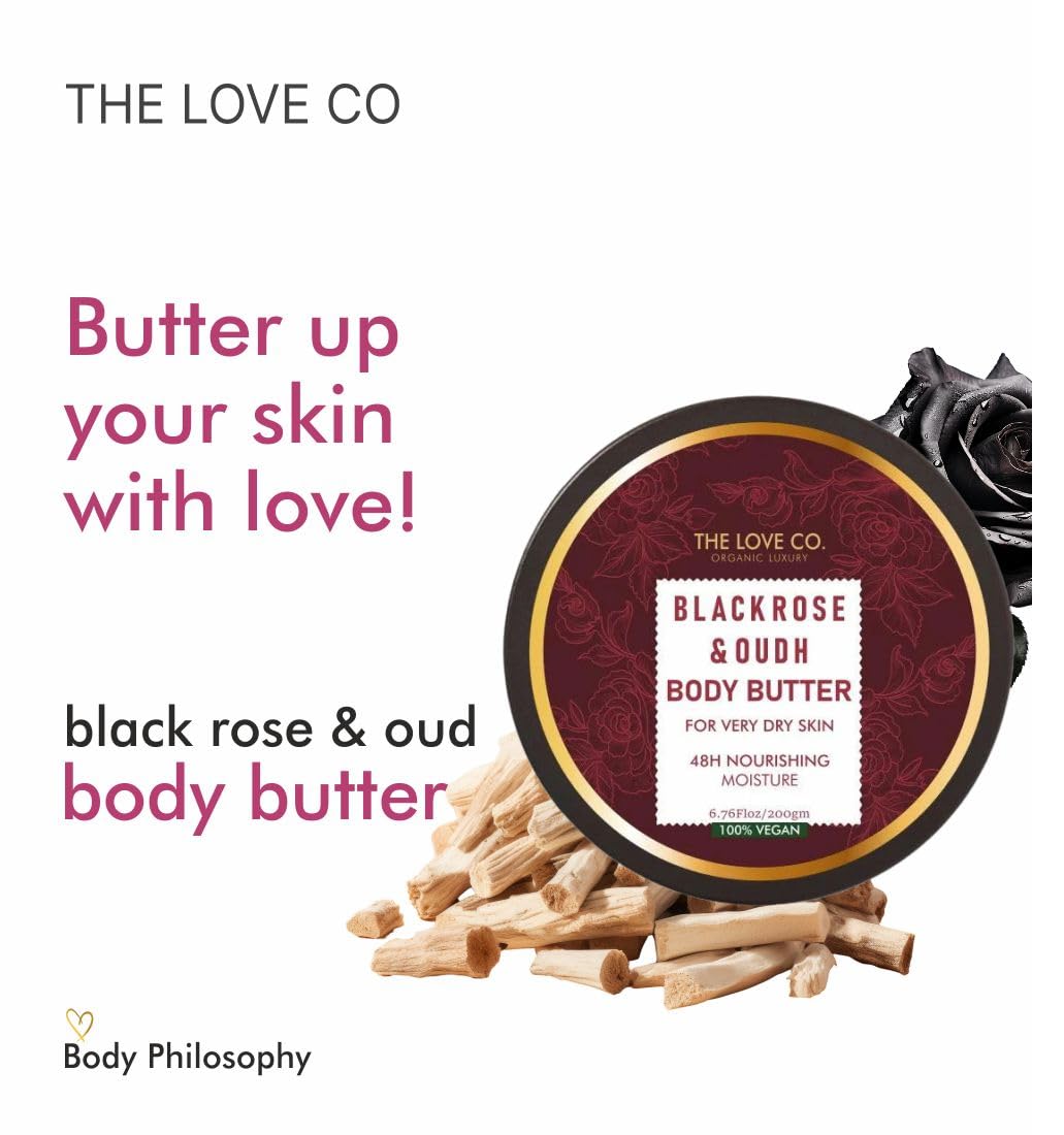 THE LOVE CO. Body Butter - 48-Hour Intense Hydration with Pure Shea Butter - Winter Deep Moisturizing Cream for Women - 200gm (200gm, Black Rose & Oud)