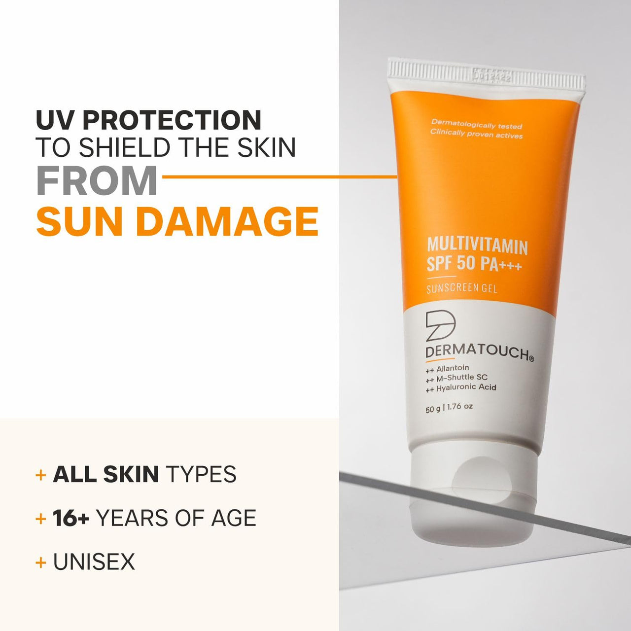 DERMATOUCH Multivitamin Spf 50 Pa+++ Sunscreen Gel For All Skin Types | Uva-Uvb Protection |Zero White Cast | Unisex | 50G