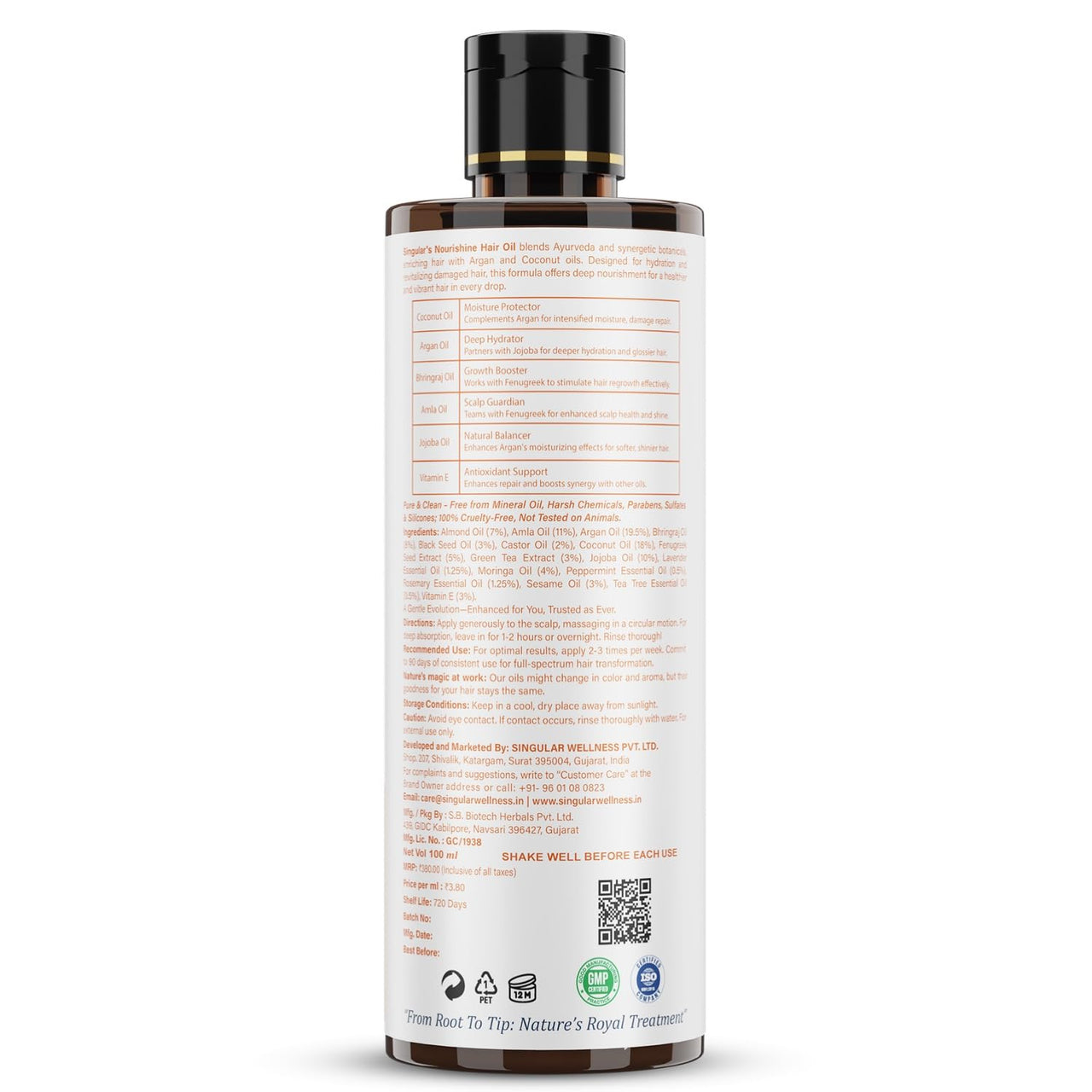 Singular Nourishine Hair Oil for Dry, Frizzy, Low Porosity Hair, Cold Pressed with Argan, Jojoba, Bhringraj & More - 100 ml