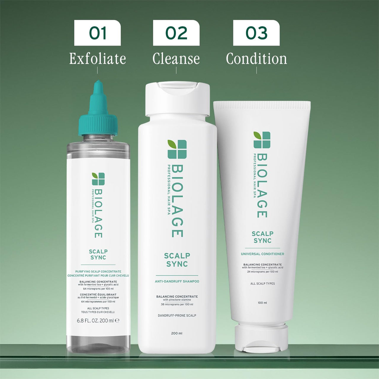 Biolage Scalp Sync Anti-Dandruff 3-Step Combo (Exfoliate 200ml+Shampoo 200ml+ Conditioner100ml), Soothed and Hydrated Scalp for up to 72 hours*, Enriched with Fermented Tea & Glycolic Acid
