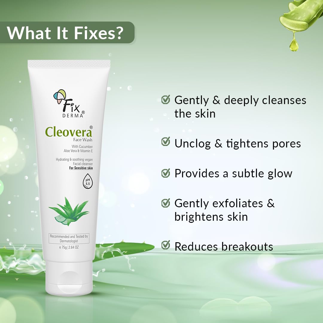 Fixderma Cleovera, Aloe Vera Face Wash with Vitamin E | Aloe Vera Gel for Face | Face Wash & Face Cleanser | Face Wash for Dry Skin (All Type Skin) | Face Wash for Women & Men - 75g