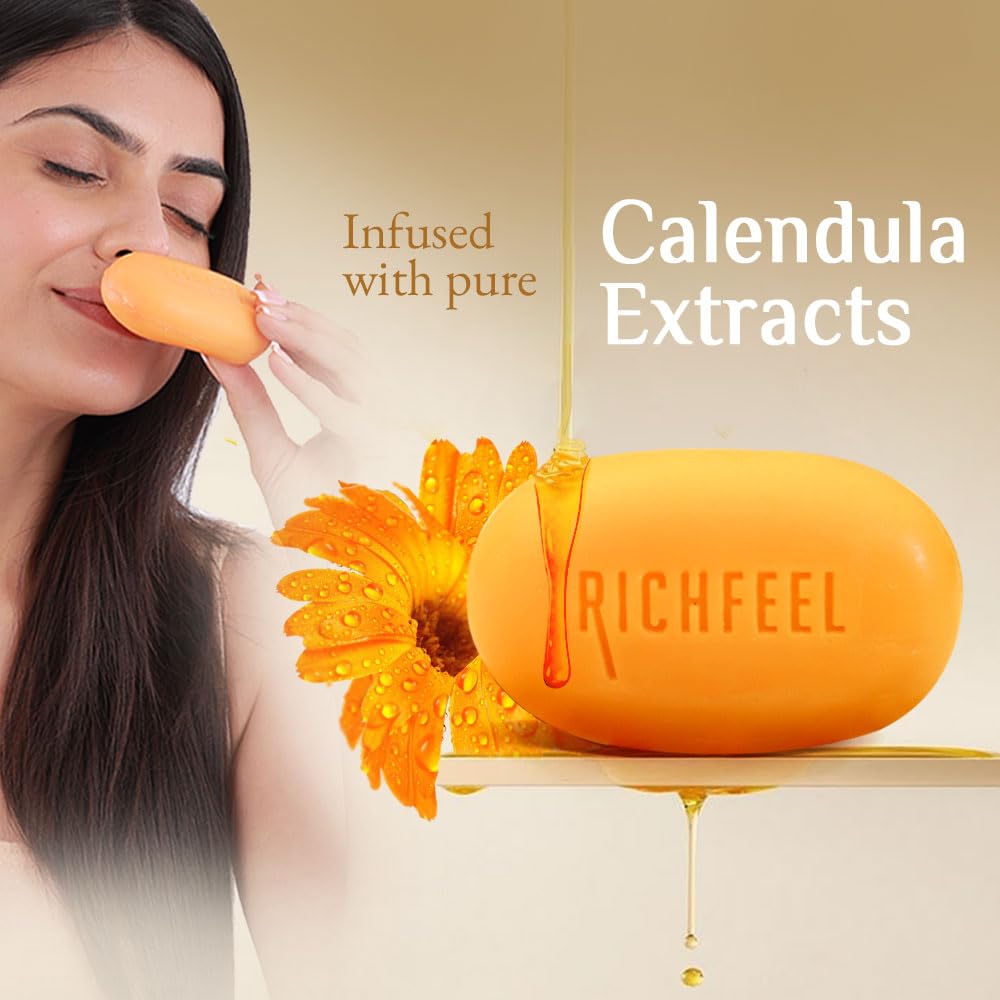 Richfeel Calendula Anti Acne Brightening Soap | Bathing Soaps | Bath Soap for Men & Women | Soaps for Bath | TFM Grade 1 Soap | For Oily Skin | Fades Dark Spots | - 75Gm X 4 (B3G1) Pack of 4