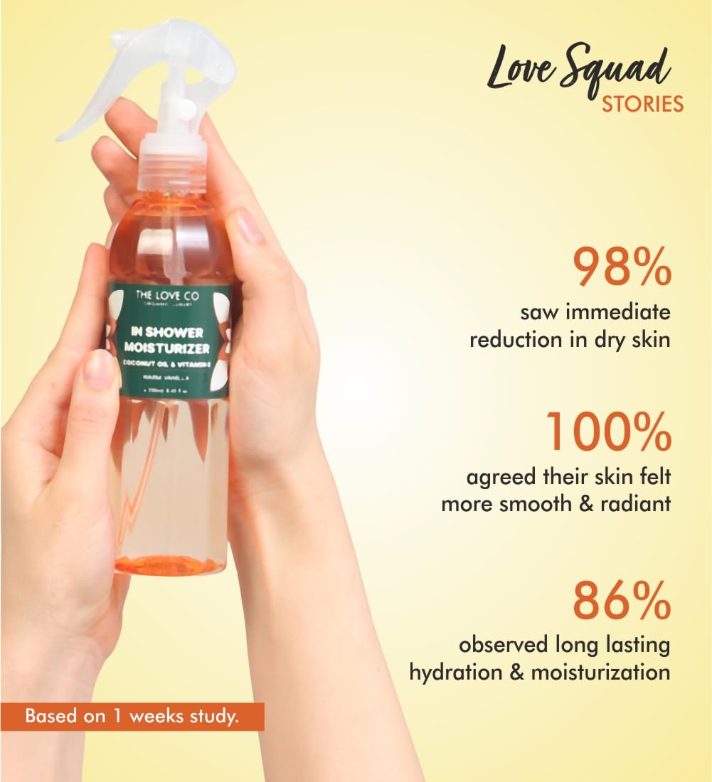 THE LOVE CO Warm Vanilla In-Shower Moisturizer for Dry Skin - Anti-Blemish, Even Skin Tone, 100% Natural, Non-Greasy Formula, Suitable for All Skin Types, Luxurious Skincare (250ml)