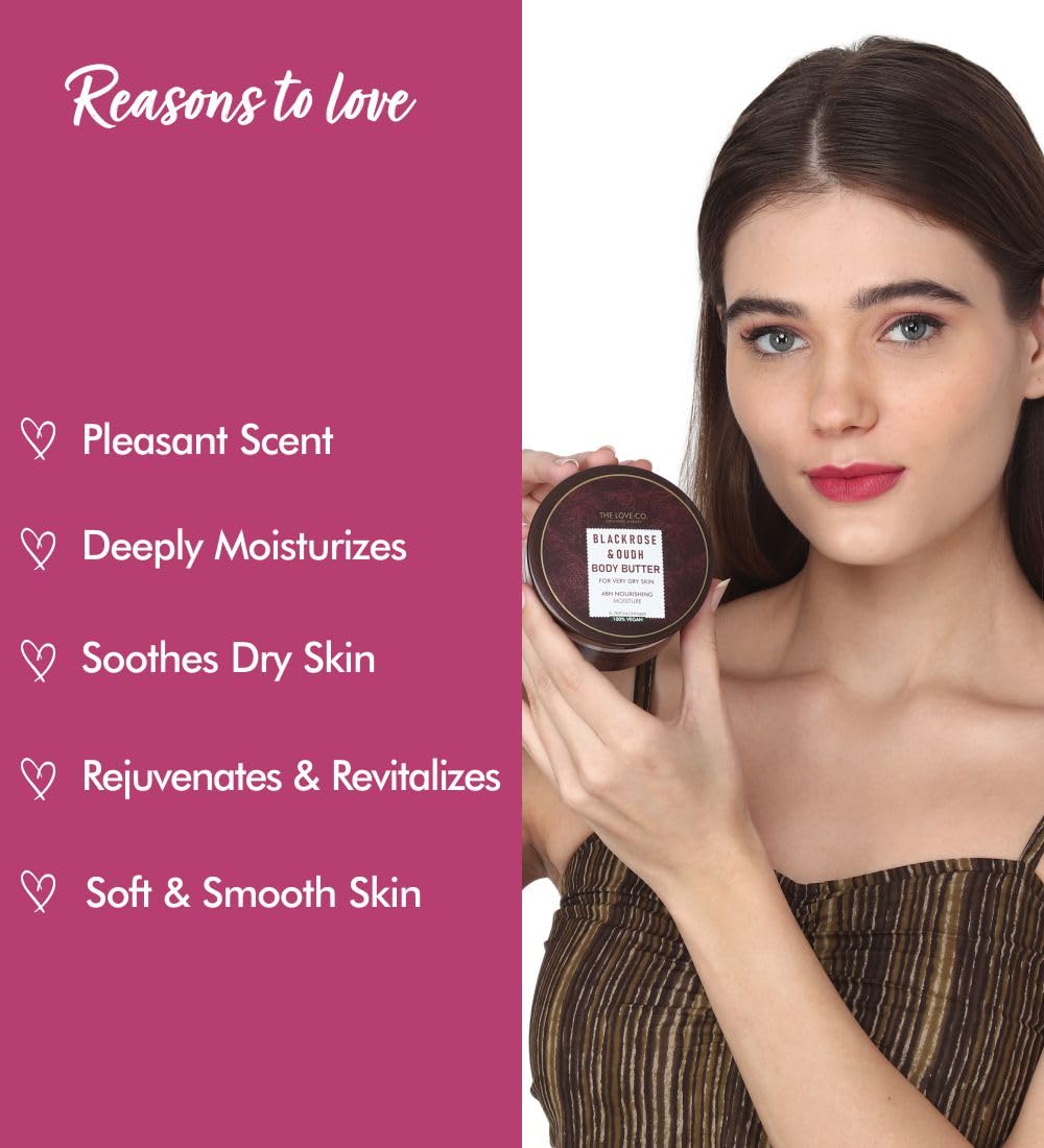 THE LOVE CO. Body Butter - 48-Hour Intense Hydration with Pure Shea Butter - Winter Deep Moisturizing Cream for Women - 200gm (200gm, Black Rose & Oud)