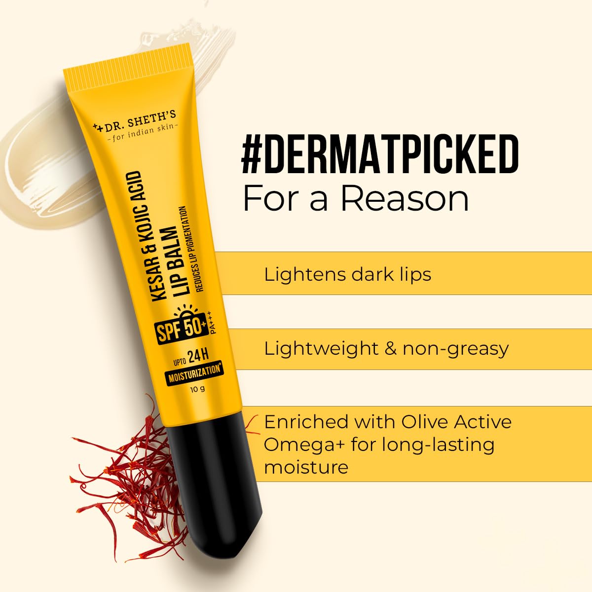 Dr Sheth's Kesar & Kojic Acid Lip Balm | Reduces Lip Pigmentation | SPF 50+ PA+++| 24H Moisturization|Non Sticky | Lightweight | For Dark, Dry, Flaky Lips | Natural Oils & Butters | All Genders | 10g