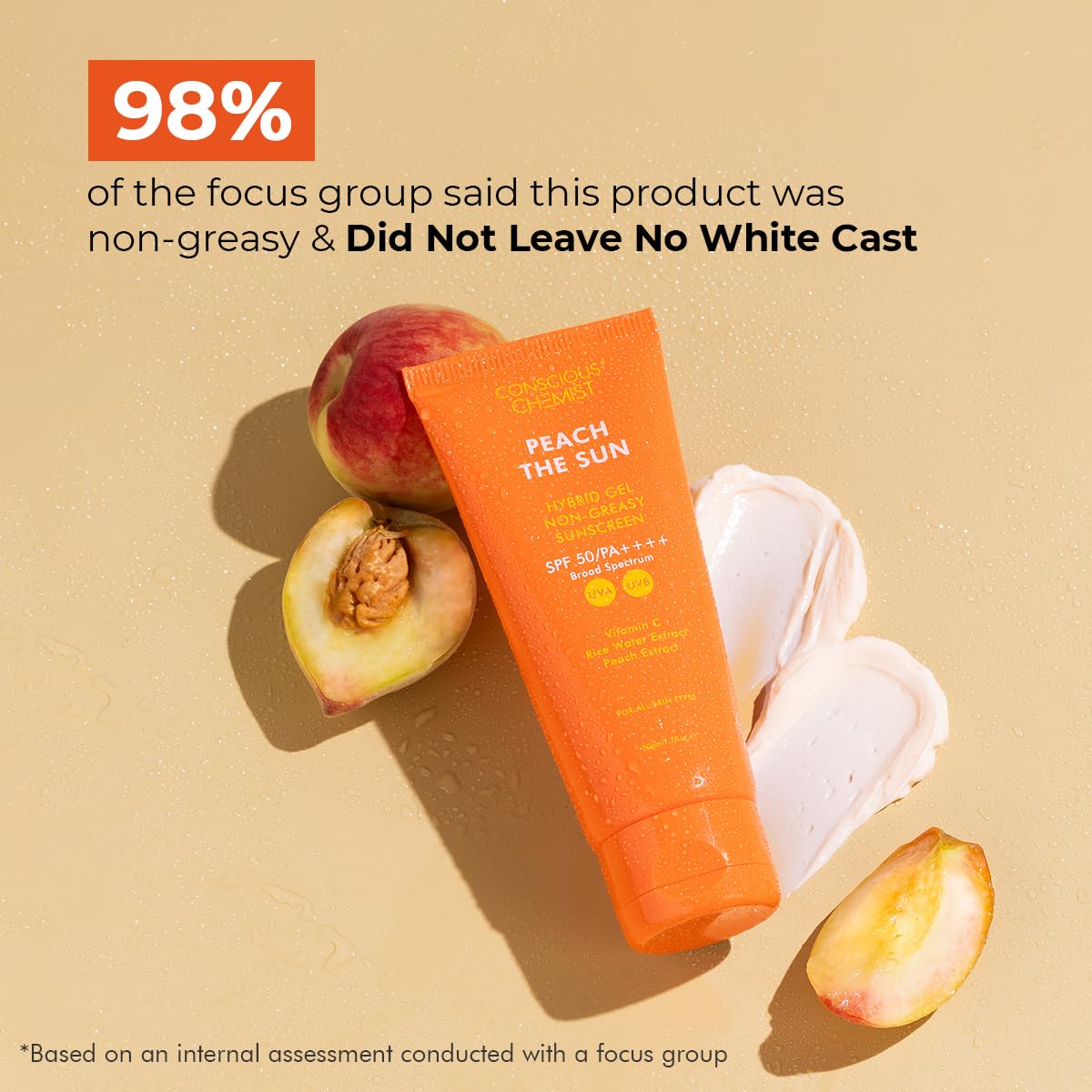 Conscious Chemist® Sunscreen SPF 50 PA++++ | 50g | Gel Sunscreen for Oily Skin, Vitamin C with Rice Water & Peach Extract, Hybrid Lightweight, All Skin Type - Peach The Sun