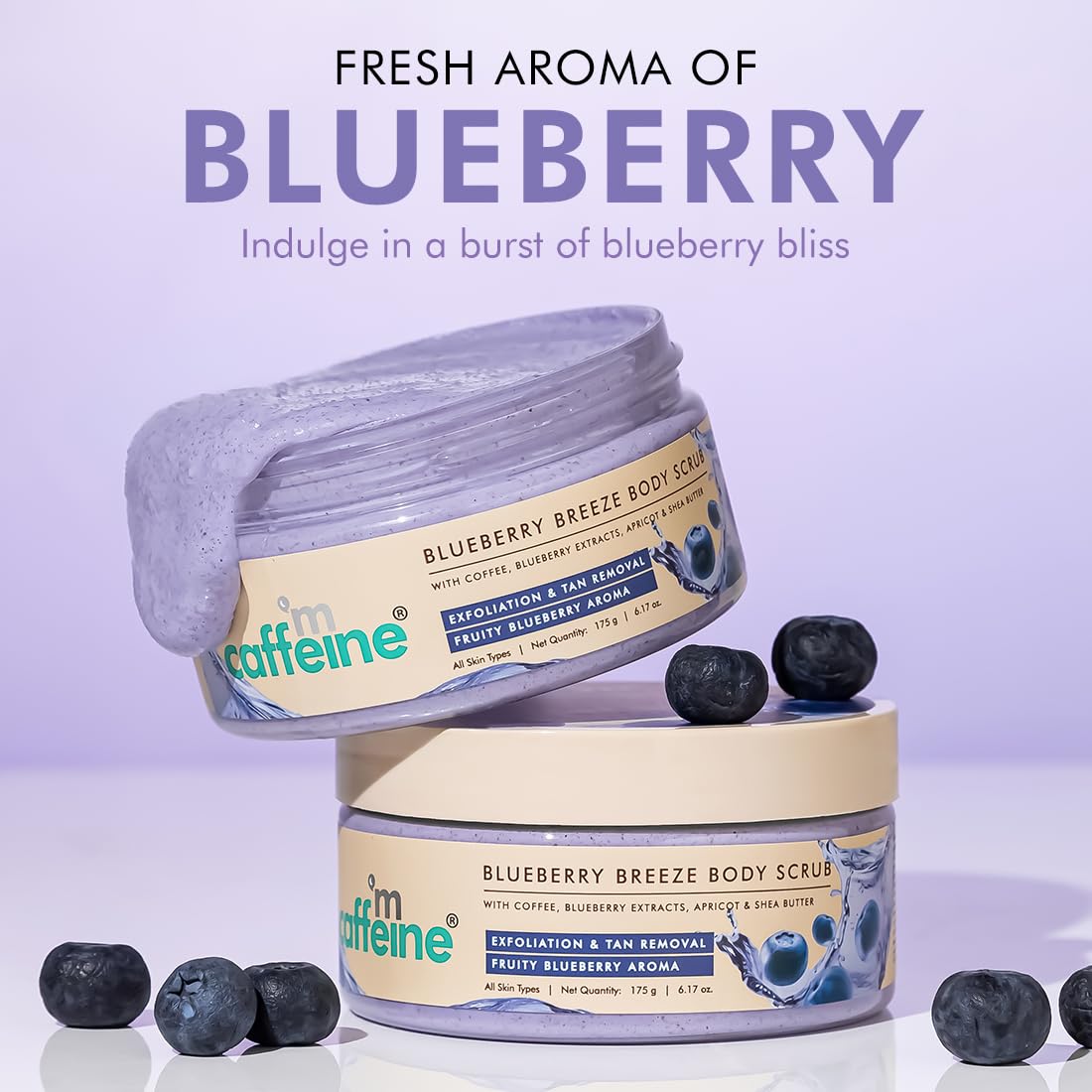 mCaffeine Blueberry Blast Detan & Cleanse Duo for Glowing Skin| Deep Cleanses, Exfoliates, Nourishes| Blueberry Body Wash - 300ml & Bluberry Scrub - 175 g | Fruity Blueberry Aroma for Men & Women