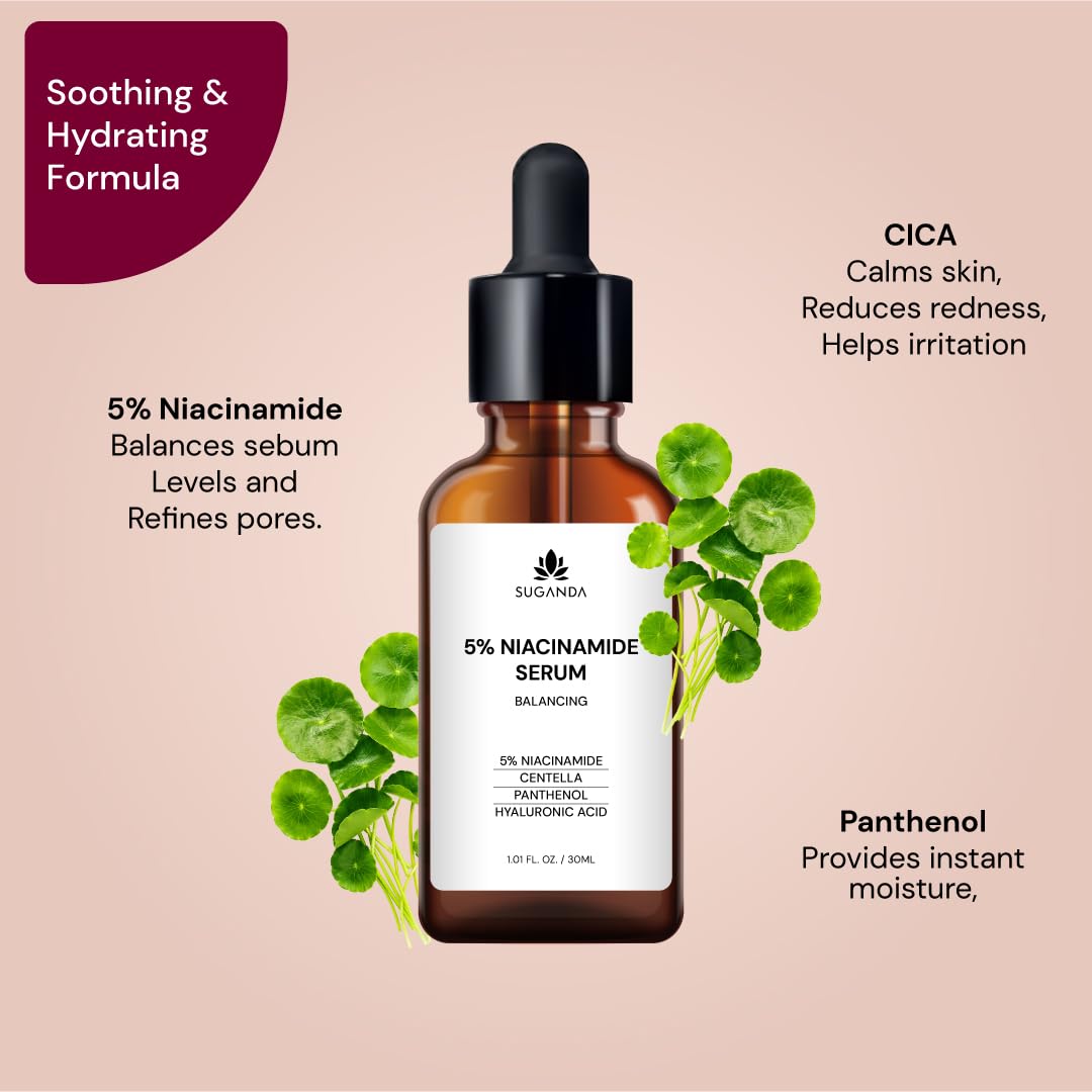 SUGANDA SKINCARE 5% Niacinamide Serum | Cica Serum for oily skin&open pores,acne&dark spots,face serum for dry skin with hyaluronic acid&Centella,All Skin types,Men & Women,30ml,Cruelty Free