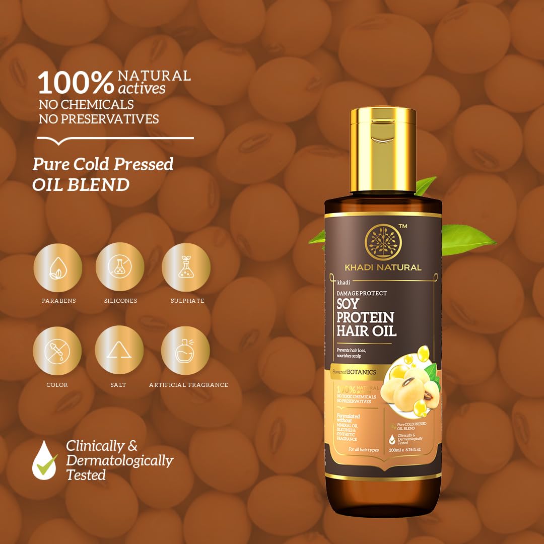 Khadi Natural Soy Protein Hair Oil: Nourishing Elixir for Stronger, Silky-Smooth Hair. Promotes Growth, Reduces Breakage, and Enhances Shine. Paraben Free, Powered Botanics - 200ml