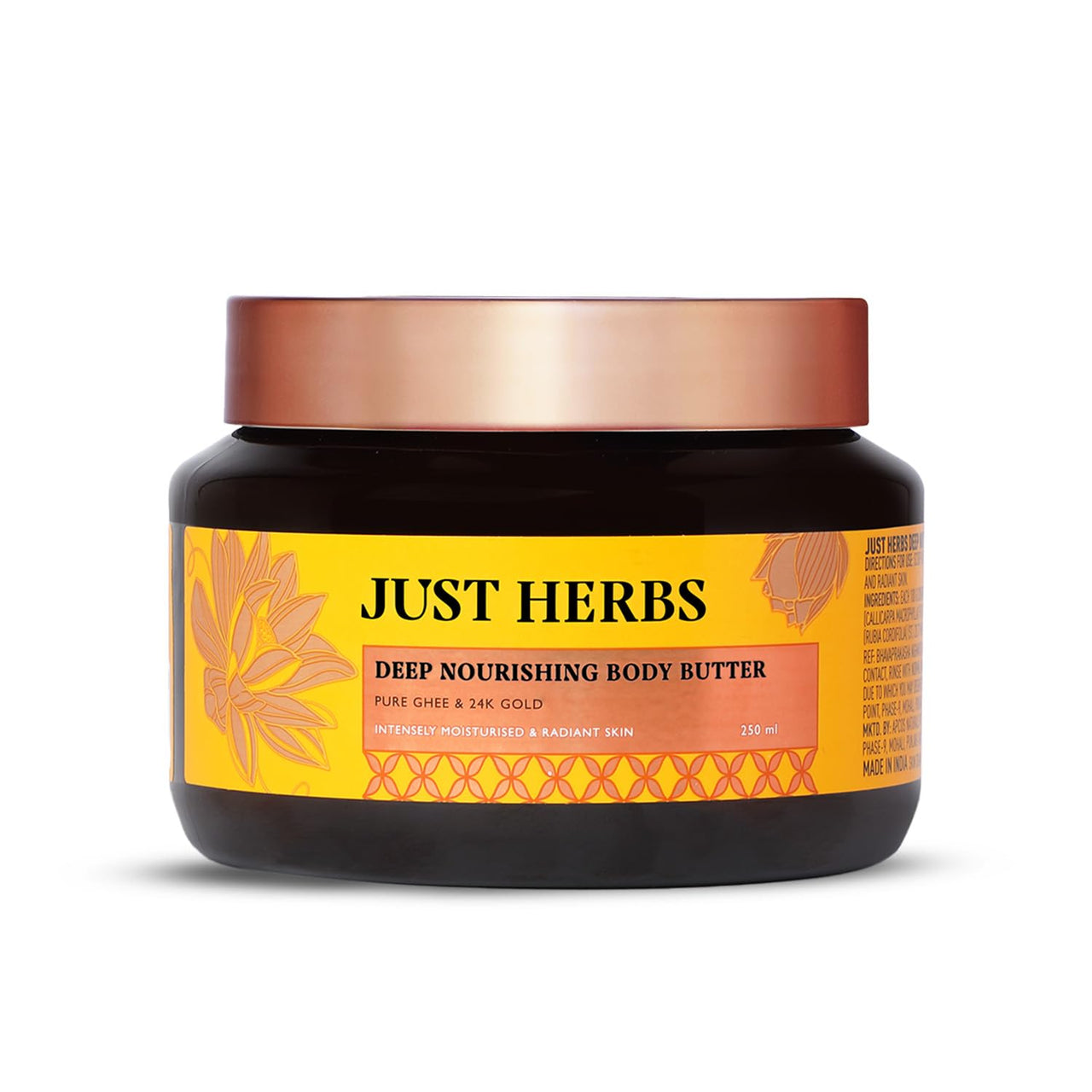 Just Herbs 24K Gold with Pure Ghee Deep Nourish Body Butter Cream for Anti Ageing | Improve Skin Elasticity | Reduce Dullness & Blemishes | Non Sticky | Instant Hydration All Skin Types Moisturiser for Men and Women 250ml