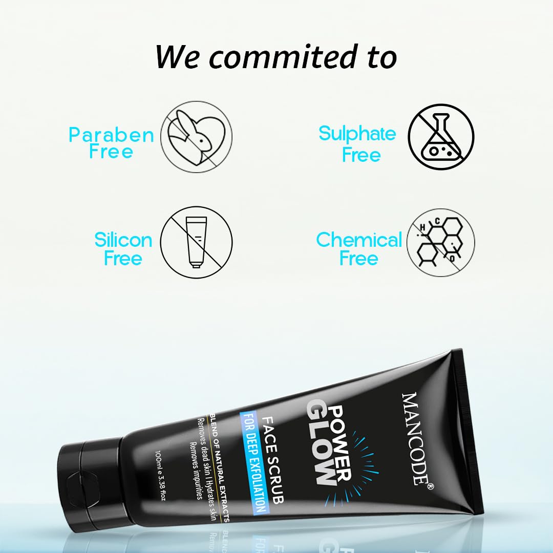Mancode Power Glow Face Scrub for Men | Deep Exfoliation, Brightening & Hydrating | Removes Dead Skin & Impurities | Natural Ingredients with Saffron, Turmeric & Almond Oil | 100g