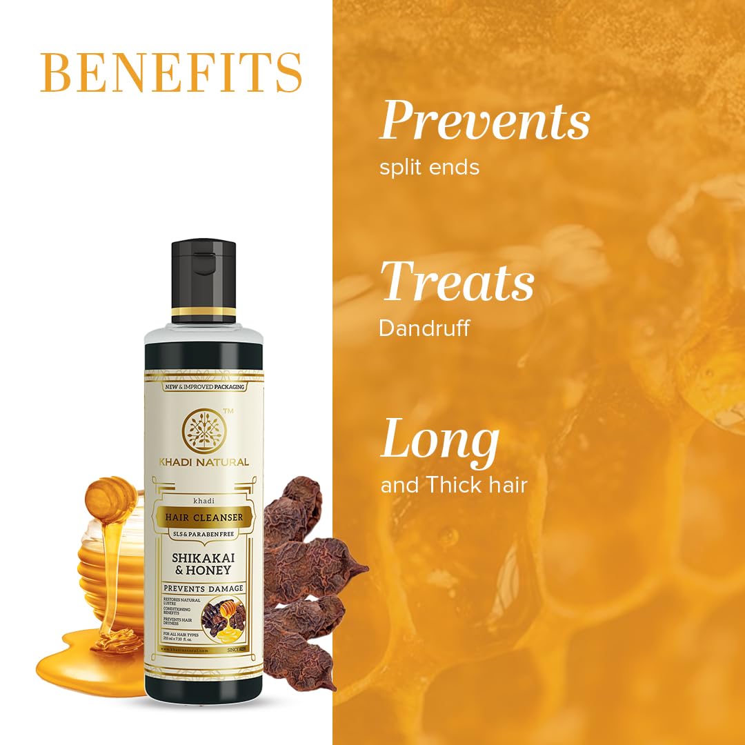 Khadi Natural Shikakai & Honey Shampoo for Strong Hair | Herbal Shampoo for Controlling Hair Fall | Natural Shampoo for Repairing Damaged Hair | SLS & Paraben Free | Suitable for All Hair Types | 210ml