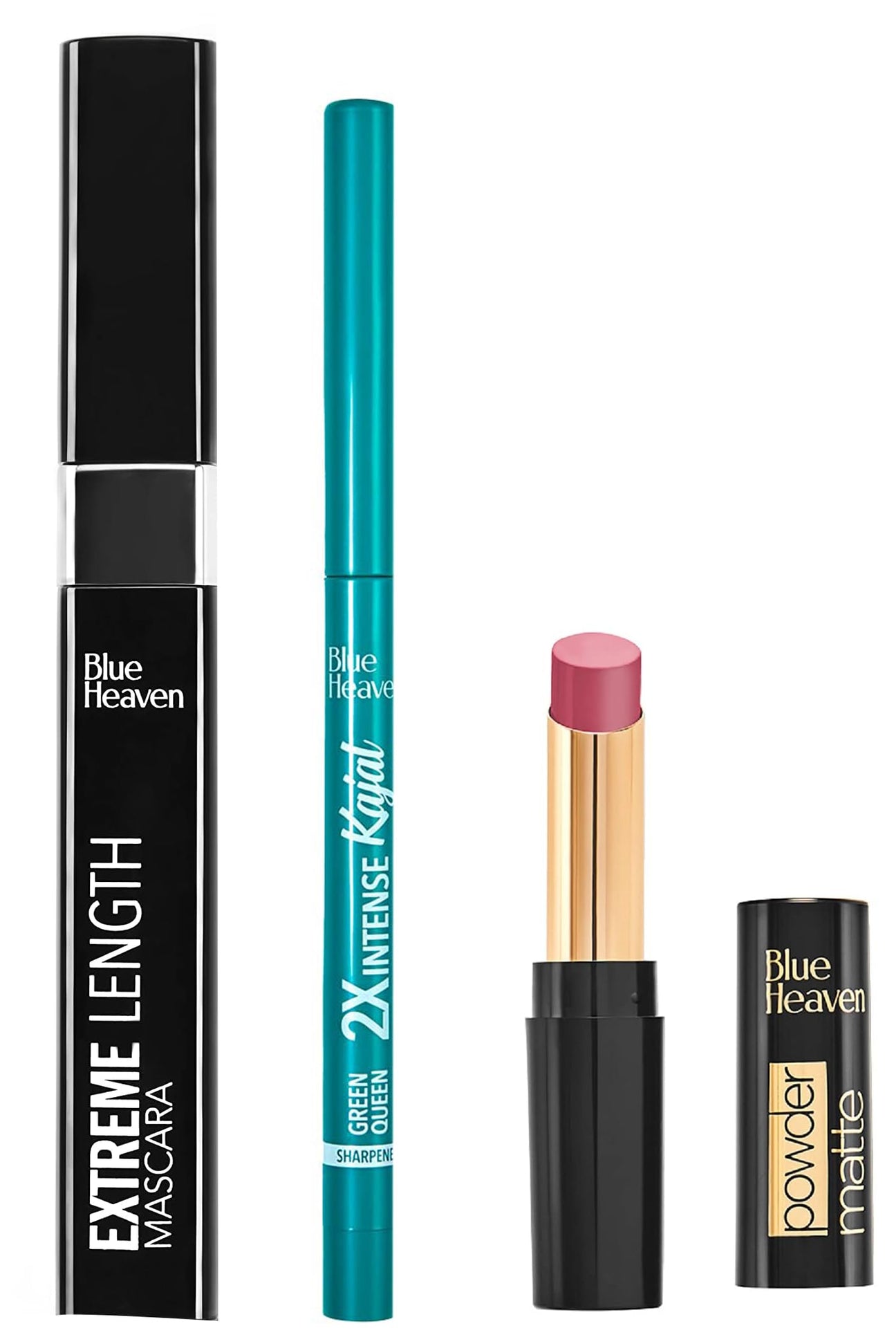 Blue Heaven Extreme Length Mascara, Black, 9 ml & Blue Heaven Powder Matte Lipstick Mocha Madness & Blue Heaven Soft Kajal Eyeliner, Green, 0.35g