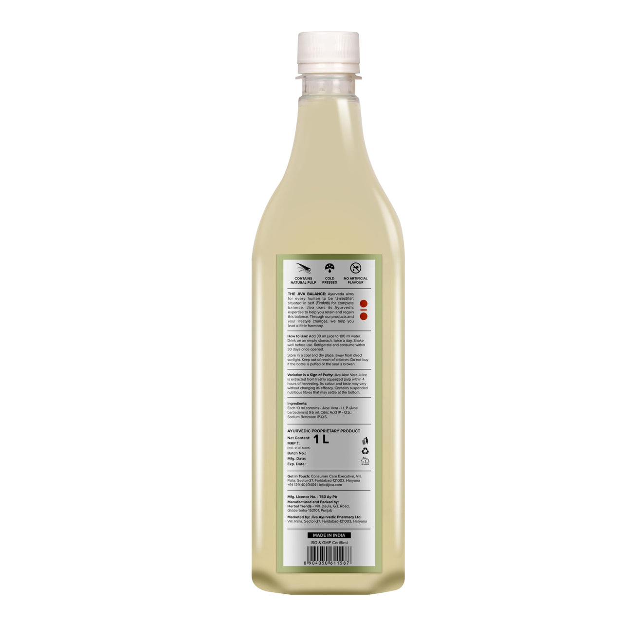 Jiva Aloe Vera Juice 1 Litre | Cold Pressed Juice Boosts Immunity, Improves Digestion, Detoxifies The Body | Promotes Healthy Skin & Hair | No Artificial Flavour & Suger (Pack of 1)