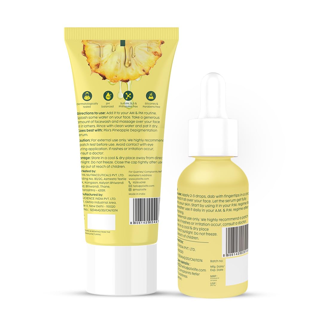 PLIX - THE PLANT FIX 5% Pineapple Face Wash And Serum Mini Combo for Pigmentation & Dark Spots, Dullness, Reveal l Brighter, Even Toned Complexion l All Skin Types