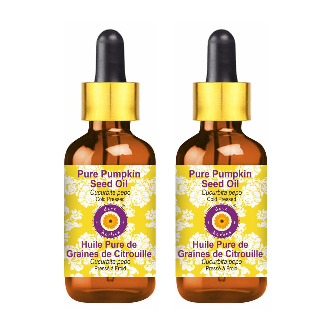 Deve Herbes Pure Pumpkin Seed Oil (Cucurbita pepo) with Glass Dropper | Cold Pressed | Natural | Undiluted | For Diluting Essential Oils | For Hair, Skin & Massage | Men & Women | 100ml X 2