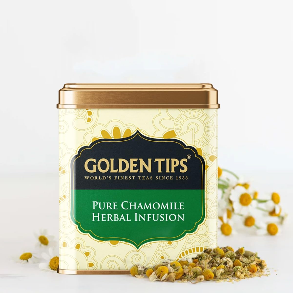 Golden Tips Chamomile Herbal Infusion Tea, Calming & Aromatic Loose Leaf Herbal Tea in Elegant Tin Can, Perfect for Relaxation & Well-Being (75 Gram - 37 Cups)