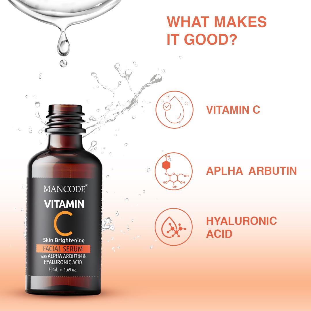 Mancode Vitamin C Serum With Hyaluronic Acid | 35% Vitamin C for Brightening Skin |Hyaluronic Acid Improves Skin Tone and Pore Minimizing |Alpha Arbutin for Improving Skin Texture Boosts Collagen 50ml