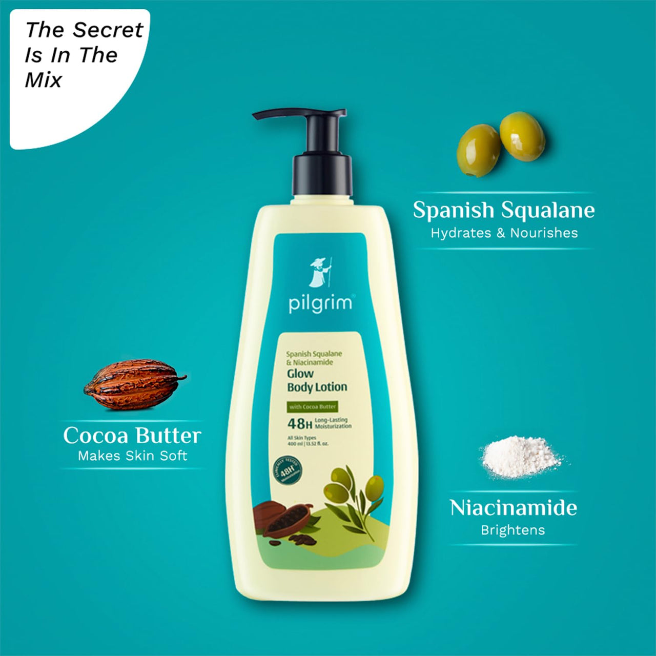 Pilgrim Spanish Squalane & Niacinamide 400 ML Glow Body Lotion | 48 H Moisturization | Body lotion for dry skin | Infused With Cocoa Butter | Non-greasy Formula | For All Skin Types