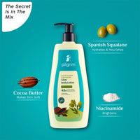 Pilgrim Spanish Squalane & Niacinamide 400 ML Glow Body Lotion | 48 H Moisturization | Body lotion for dry skin | Infused With Cocoa Butter | Non-greasy Formula | For All Skin Types