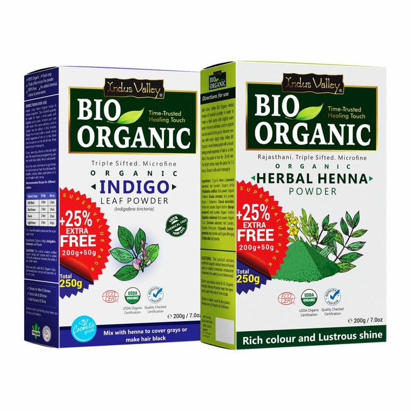 INDUS VALLEY BIO ORGANIC Indigo and Herbal Henna Powder Combo - 250 gm Each