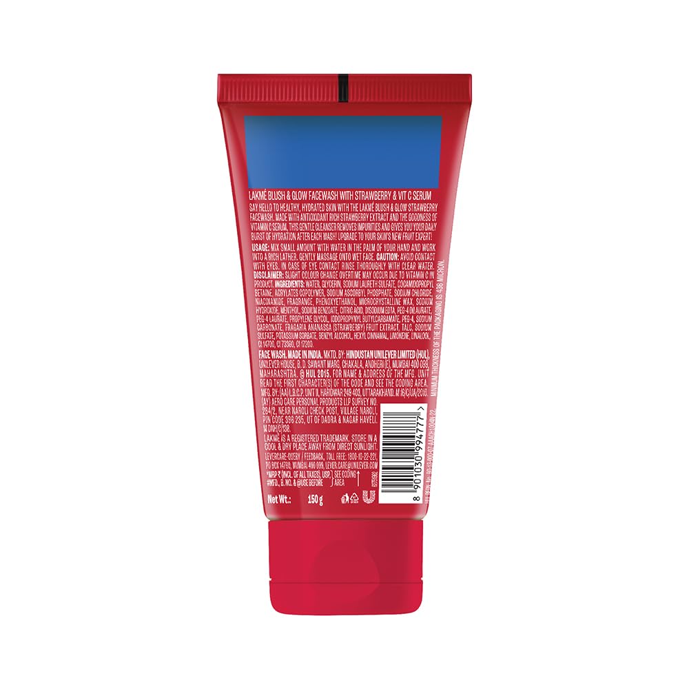 Lakmé Blush & Glow Exfoliating Face Wash with Vitamin C Serum, Hydrating and Gentle Facewash with Strawberry Fruit Extracts, 150gm